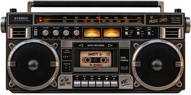 A 1980s Sweety G stereo boombox: two speakers, a lit FM tuner, twin VU meters and a cassette in the deck labelled Sweety G, The Originals
